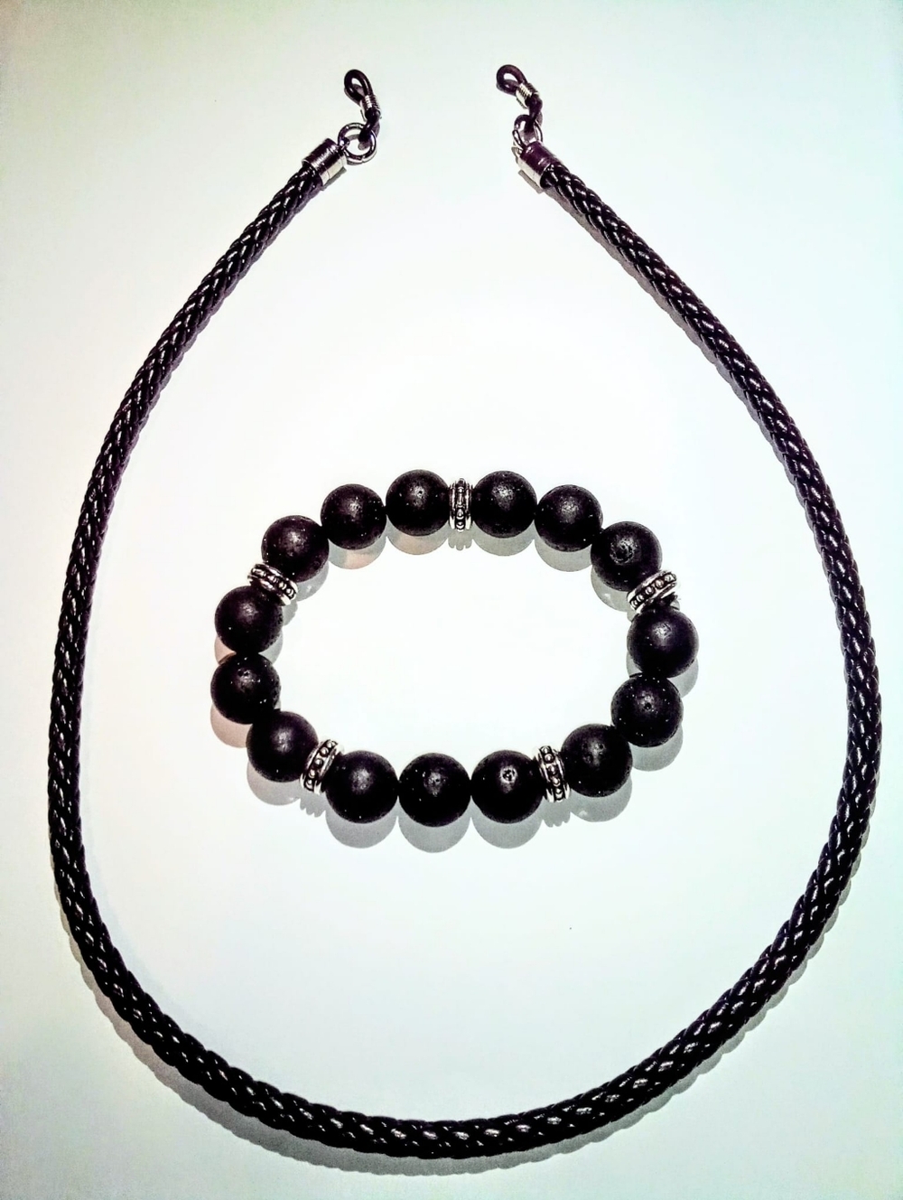 12mm Lava Bracelet w/ 22" Black Genuine Braided Leather Eyeglass Holder Set